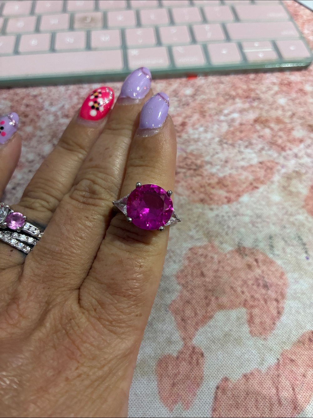 Ross-Simons Fuchsia Round Gemstone Ring with Clear Sidestones